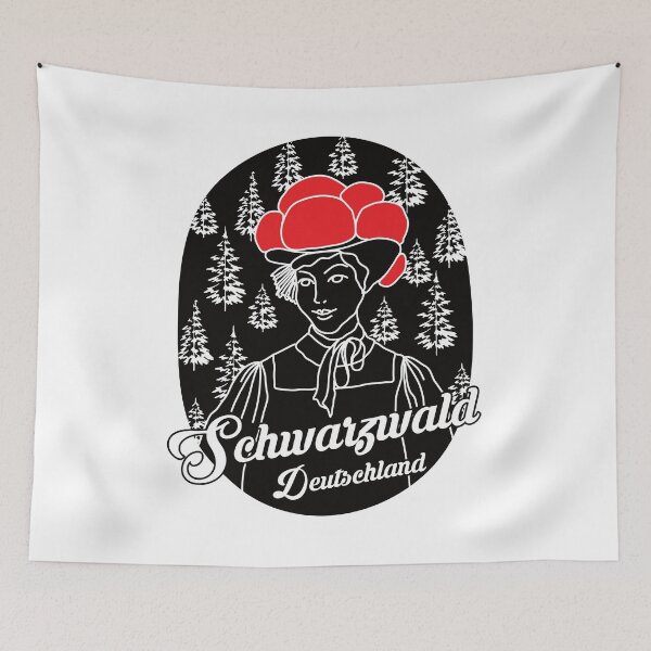 Item preview,  evergreen forests and picturesque villages. He is often associated with fairy tales. The design shows a woman in traditional dress and a bollen hat in front of a forest with fir trees. designed and sold by Moritz Schwäble.