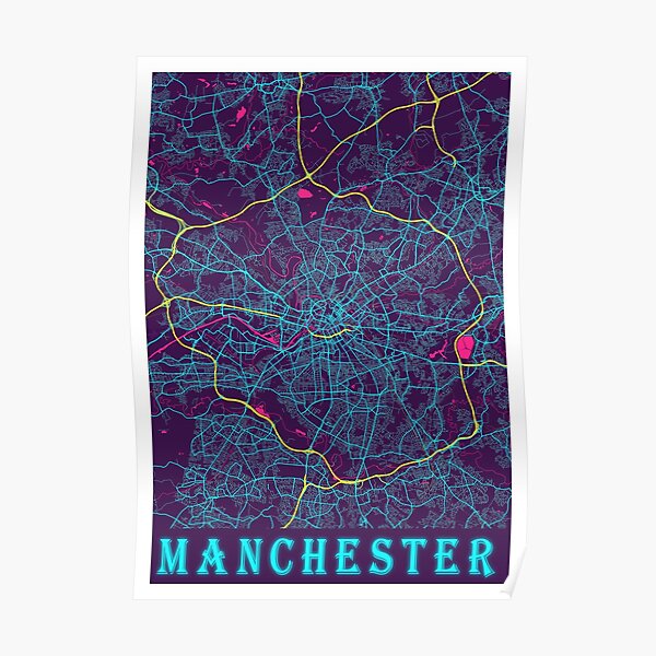 Manchester Neon City Map, Manchester Minimalist City Map Poster
