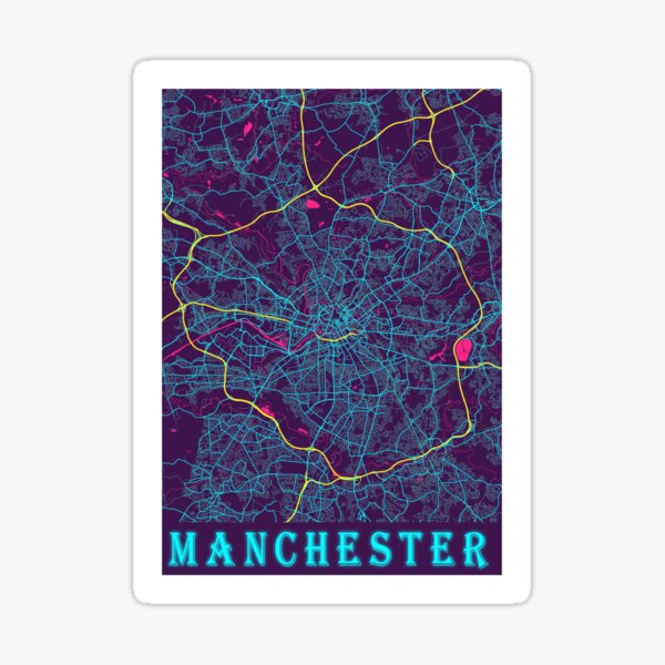 Manchester Neon City Map, Manchester Minimalist City Map Sticker