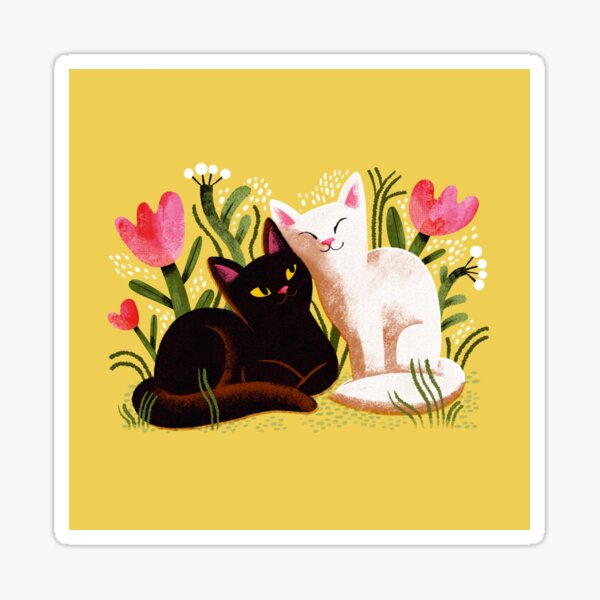 Cute Black and White Cats with Pink Flowers Sticker