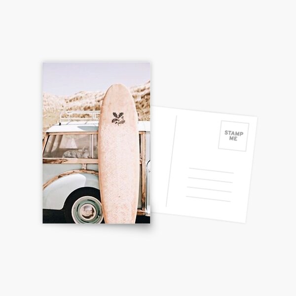 Surfboard in front of vintage car Postcard
