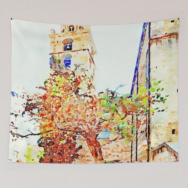 Item preview, Teramo: bell tower and old men sitting on benches under tree designed and sold by Giuseppe Cocco.