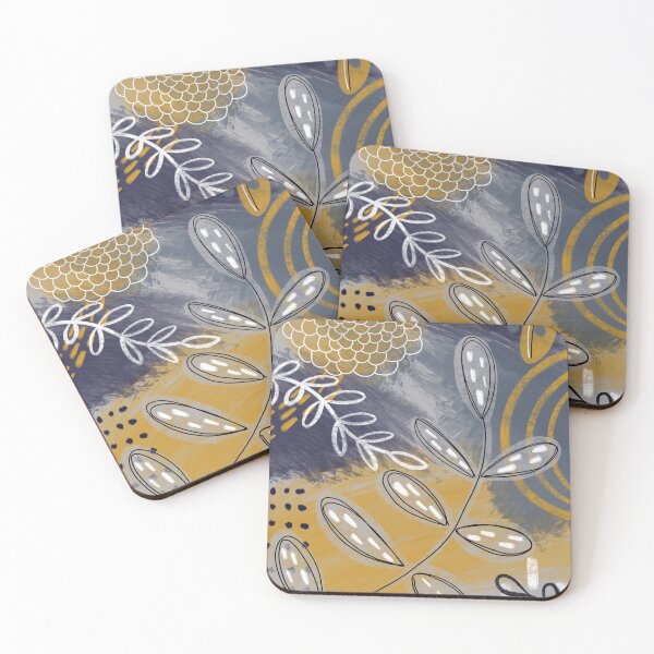Item preview, Abstract floral outlines in blue, grey and mustard yellow designed and sold by Quick Brown Fox Canada.