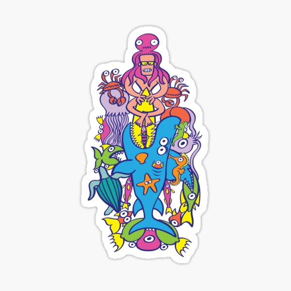 Surfer in trouble in a crowded sea in colorful doodle style Sticker