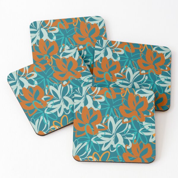 Item preview, Lotus Garden Painted Floral Pattern in Celadon, Orange, and Terracotta Rust on Teal designed and sold by kierkegaard.