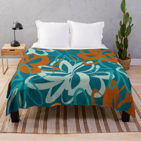 Item preview, Lotus Garden Painted Floral Pattern in Celadon, Orange, and Terracotta Rust on Teal designed and sold by kierkegaard.