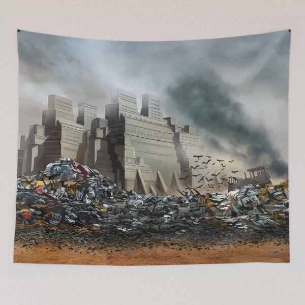 Item preview, Plant building and junkyard with bulldozer and birds landscape illustration designed and sold by Maks08.