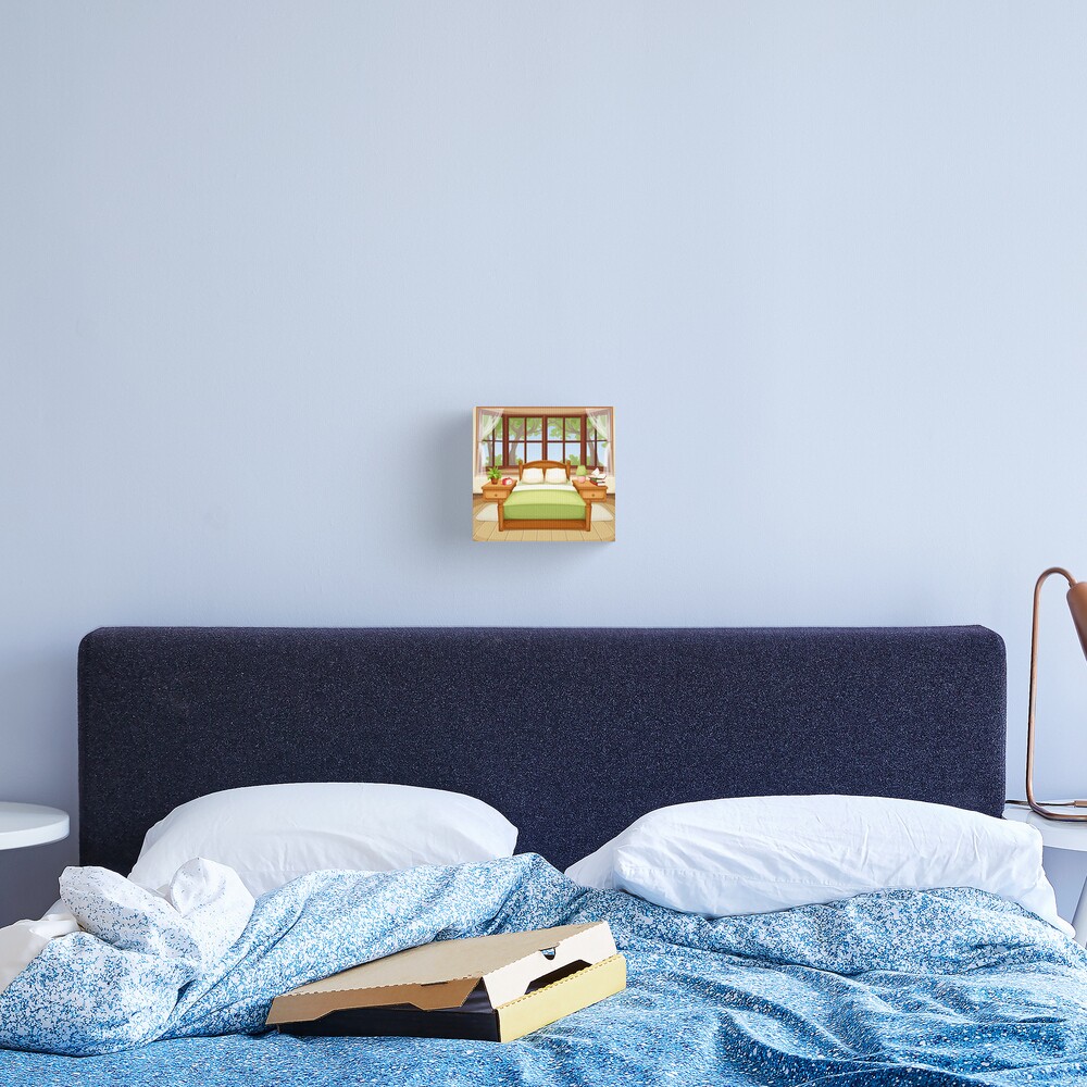 Warm and cozy bedroom interior with big bed, brown bedding, pillows, livid  blue wall, wooden night stand, tray, mug, jug, plaid, vase with dried  flowers and personal accessories. Home decor. Template. Stock