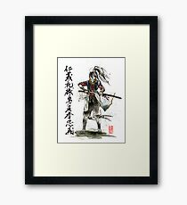 Female Samurai with Japanese Calligraphy 7 Virtues Framed Print