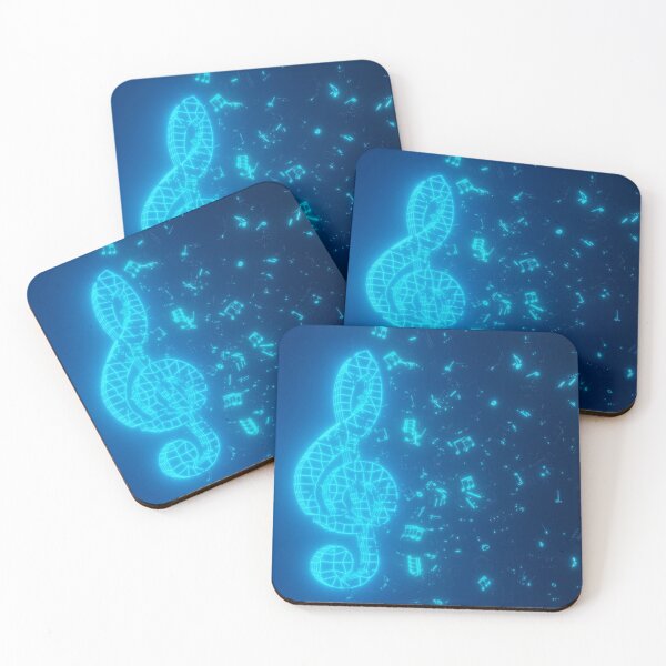 Item preview, Blue digital glowing music treble clef symbol with musical notes on black background - modern or digital streaming music concept designed and sold by UDDesign.