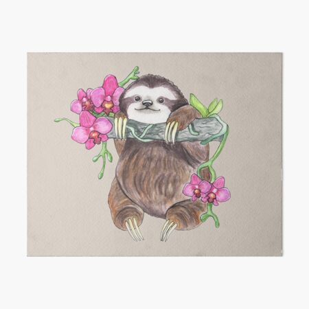Happy Sloth with orchids Art Board Print