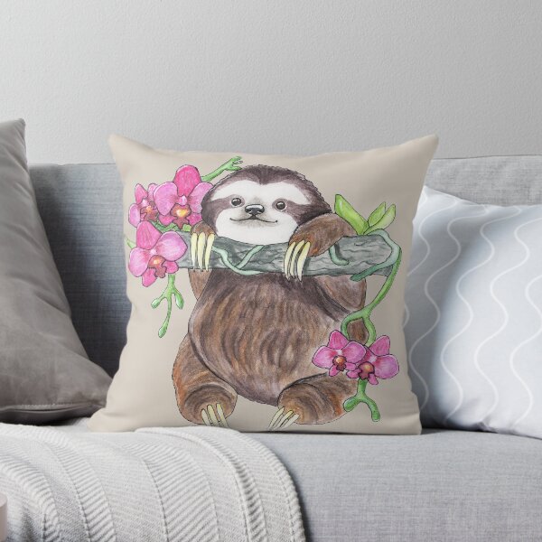 Happy Sloth with orchids Throw Pillow