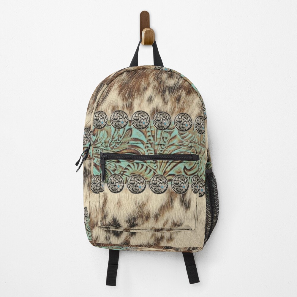 Rustic brown cowhide teal western country tooled leather Backpack