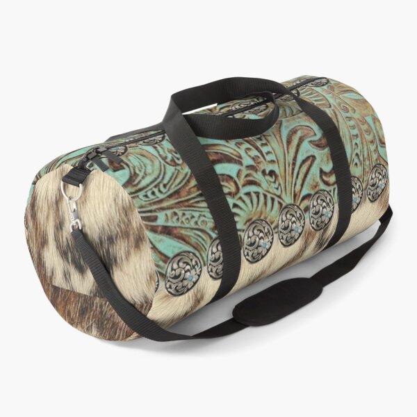 Rustic brown cowhide teal western country cowboy fashion Duffle Bag