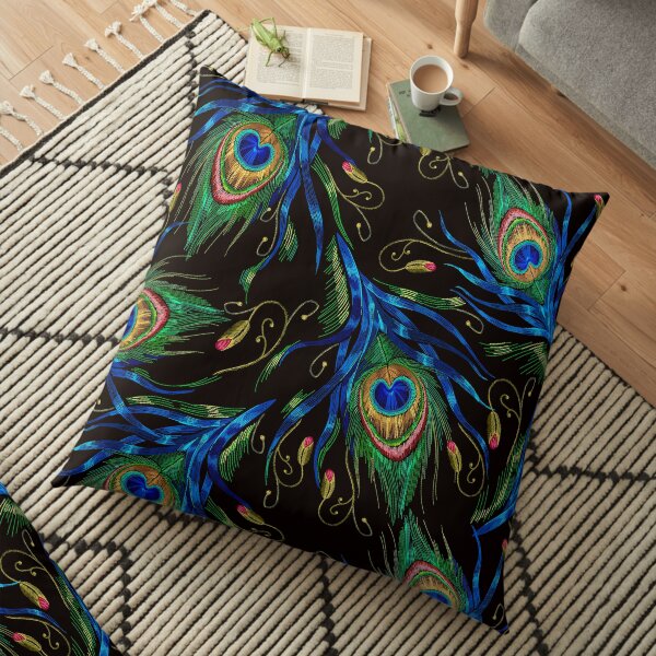 Embroidery peacock feathers Floor Pillow