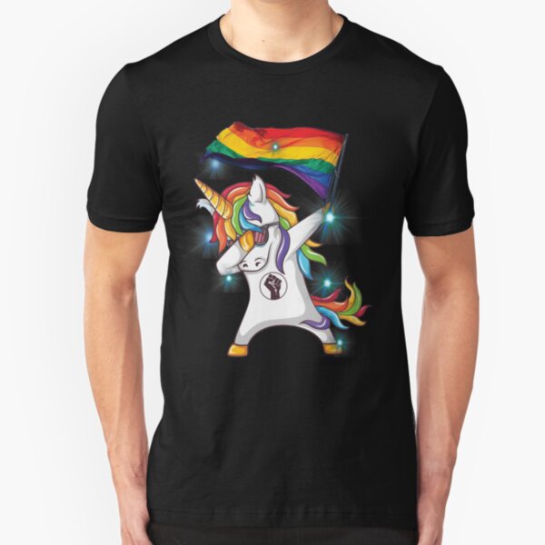 Dabbing Unicorn Rainbow Flag LGBT Awareness T-shirt Slim Fit T-Shirt
