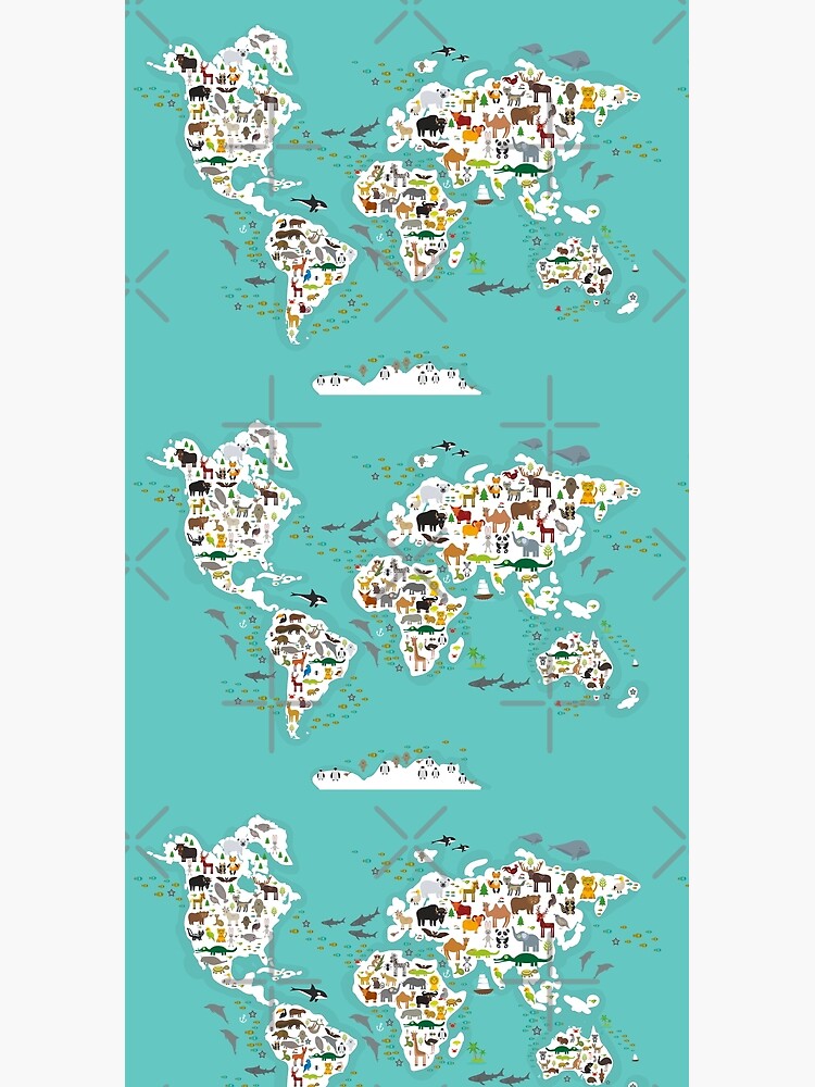 Cartoon animal world map for children and kids, Animals from all over the world, white continents and islands on blue background of ocean and sea. by EkaterinaP