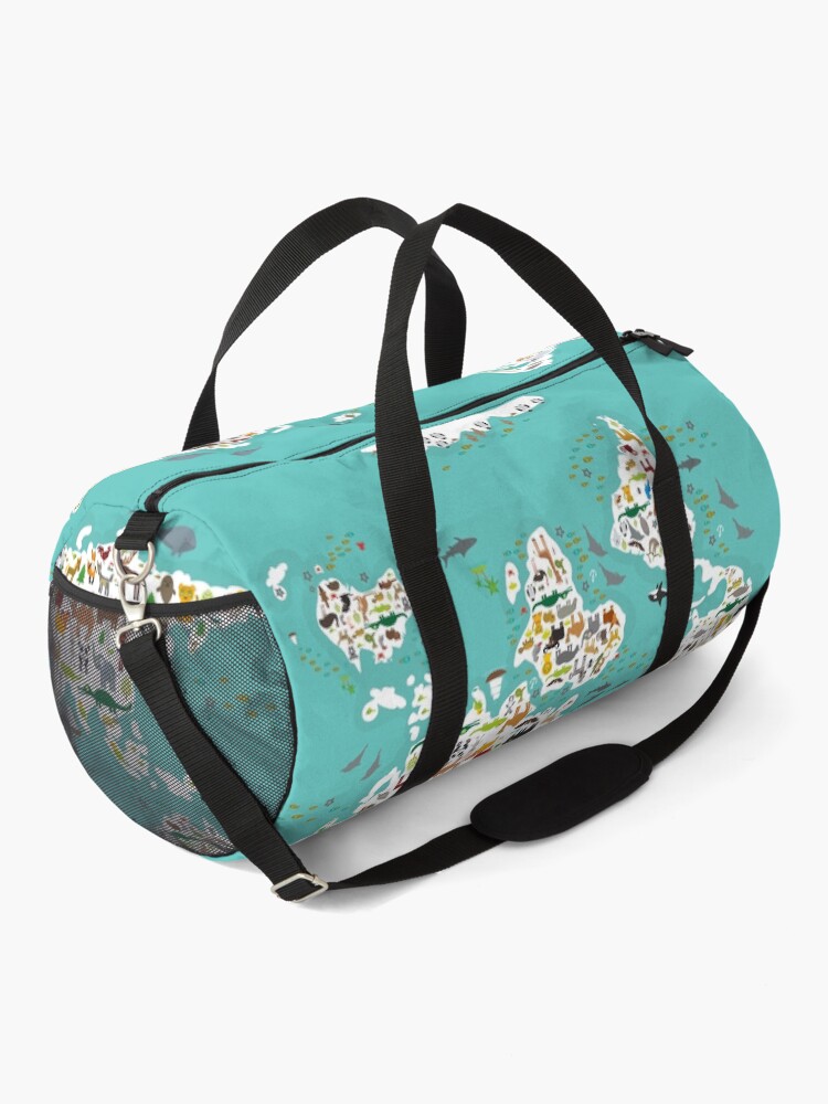 Alternate view of Cartoon animal world map for children and kids, Animals from all over the world, white continents and islands on blue background of ocean and sea. Duffle Bag