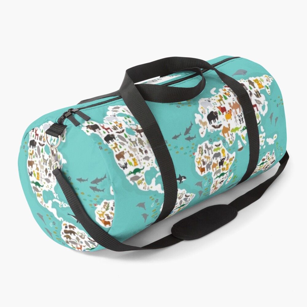 Cartoon animal world map for children and kids, Animals from all over the world, white continents and islands on blue background of ocean and sea. Duffle Bag