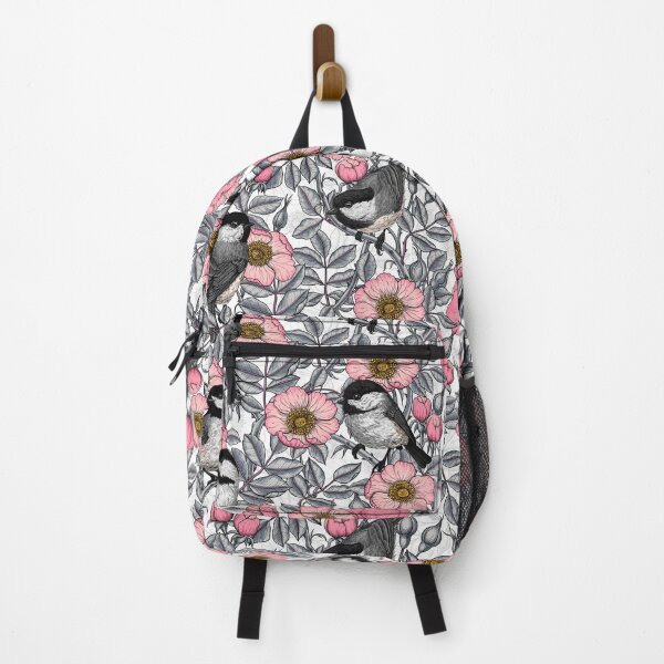 Item preview, Chickadees in the wild rose, pink and gray designed and sold by Katerina Mitkova Kirilova.