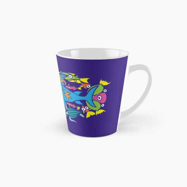 Surfer in trouble in a crowded sea in colorful doodle style Tall Mug
