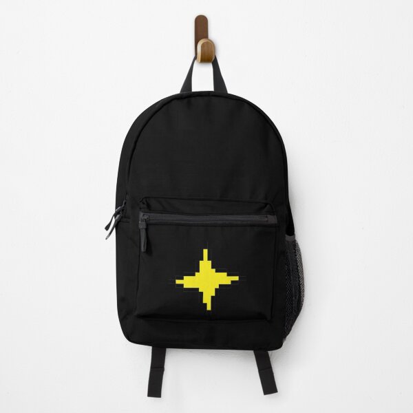 Black backpack purse with white retailer and yellow stars