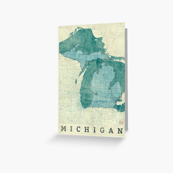 Michigan Map Blue Vintage Greeting Card