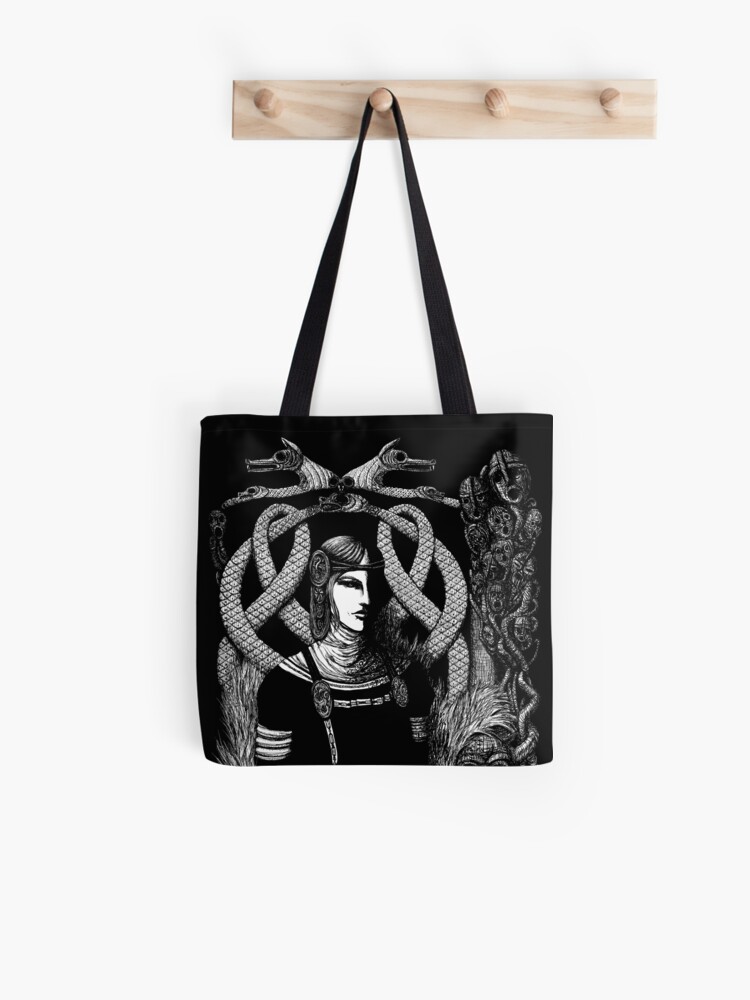 Thumbnail 1 of 2, Tote Bag, Hel in Black - white print for dark background designed and sold by Sirielle.