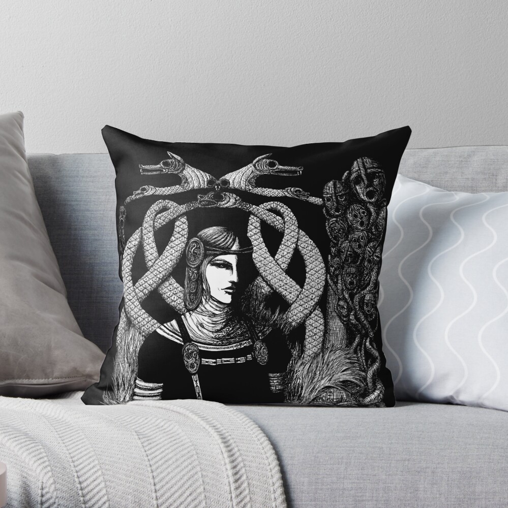 Hel in Black - white print for dark background Throw Pillow