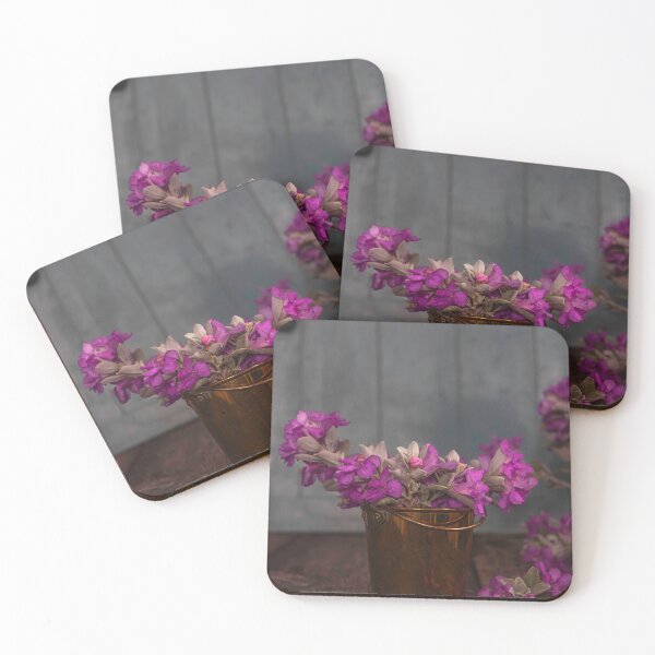 Item preview, Pink flowers of Green Cloud Texas Sage close-up in a metal bucket on wooden boards designed and sold by EG Creativity Art.