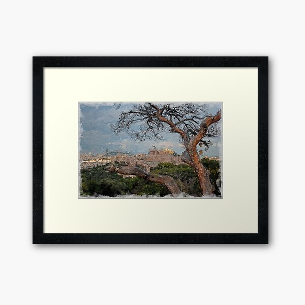 Athens Acropolis Evening Cityscape Digital Painting Framed Art Print