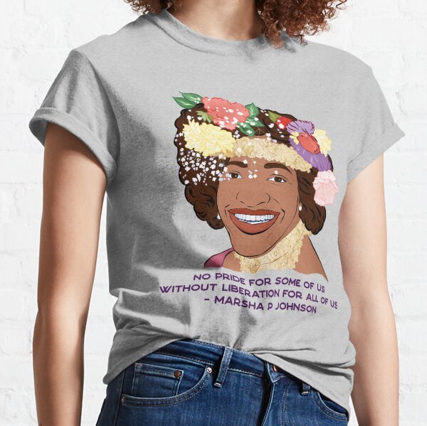 Vista previa del artículo con la obra «Marsha P Johnson: No hay orgullo para algunos de nosotros sin liberación para todos nosotros», diseñado y vendido por fabfeminist.