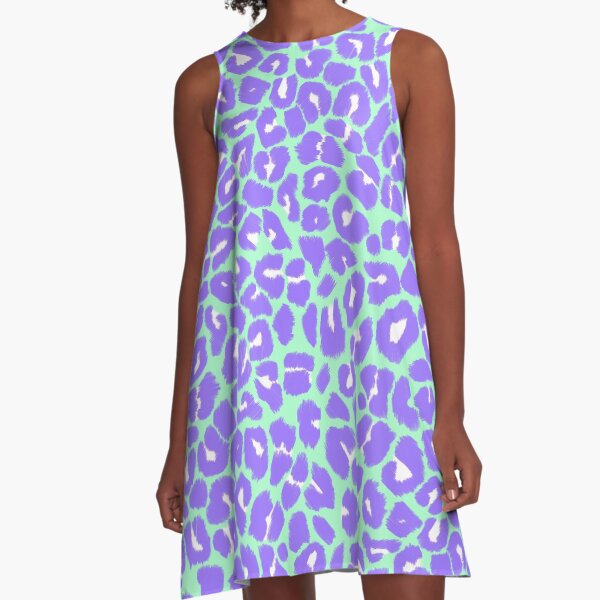 Leopard Print Pattern in Mint Green, Purple and White A-Line Dress