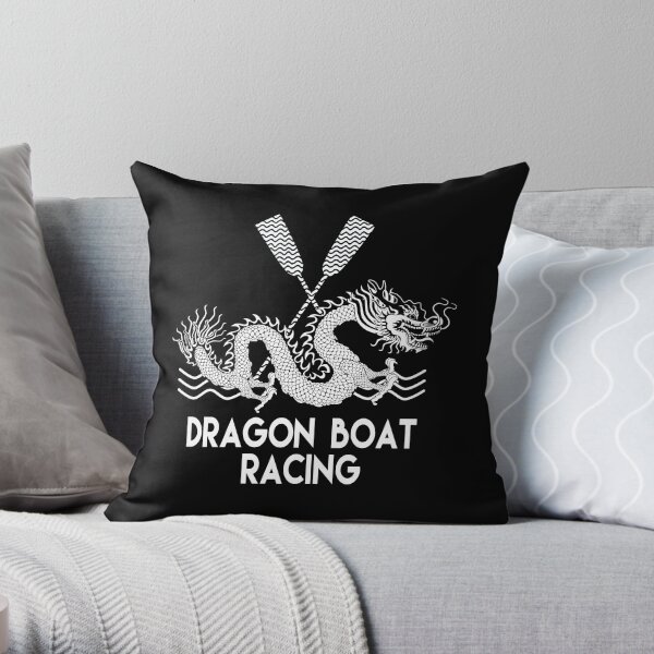 Black White Dragon Boat Racing Throw Pillow