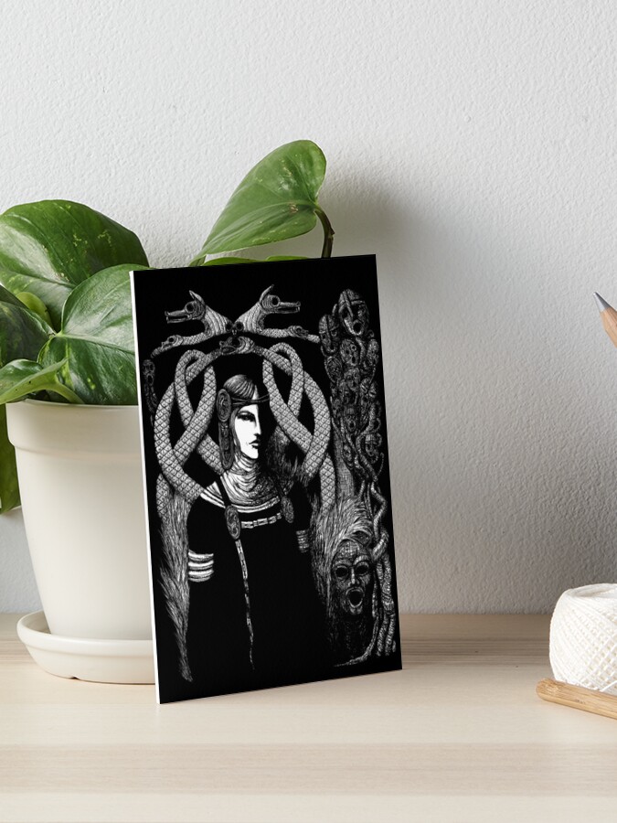 Thumbnail 1 of 2, Art Board Print, Hel in Black - white print for dark background designed and sold by Sirielle.
