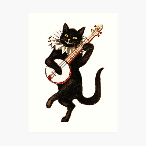 Funny Vintage Cat Dancing and Playing Banjo Art Print