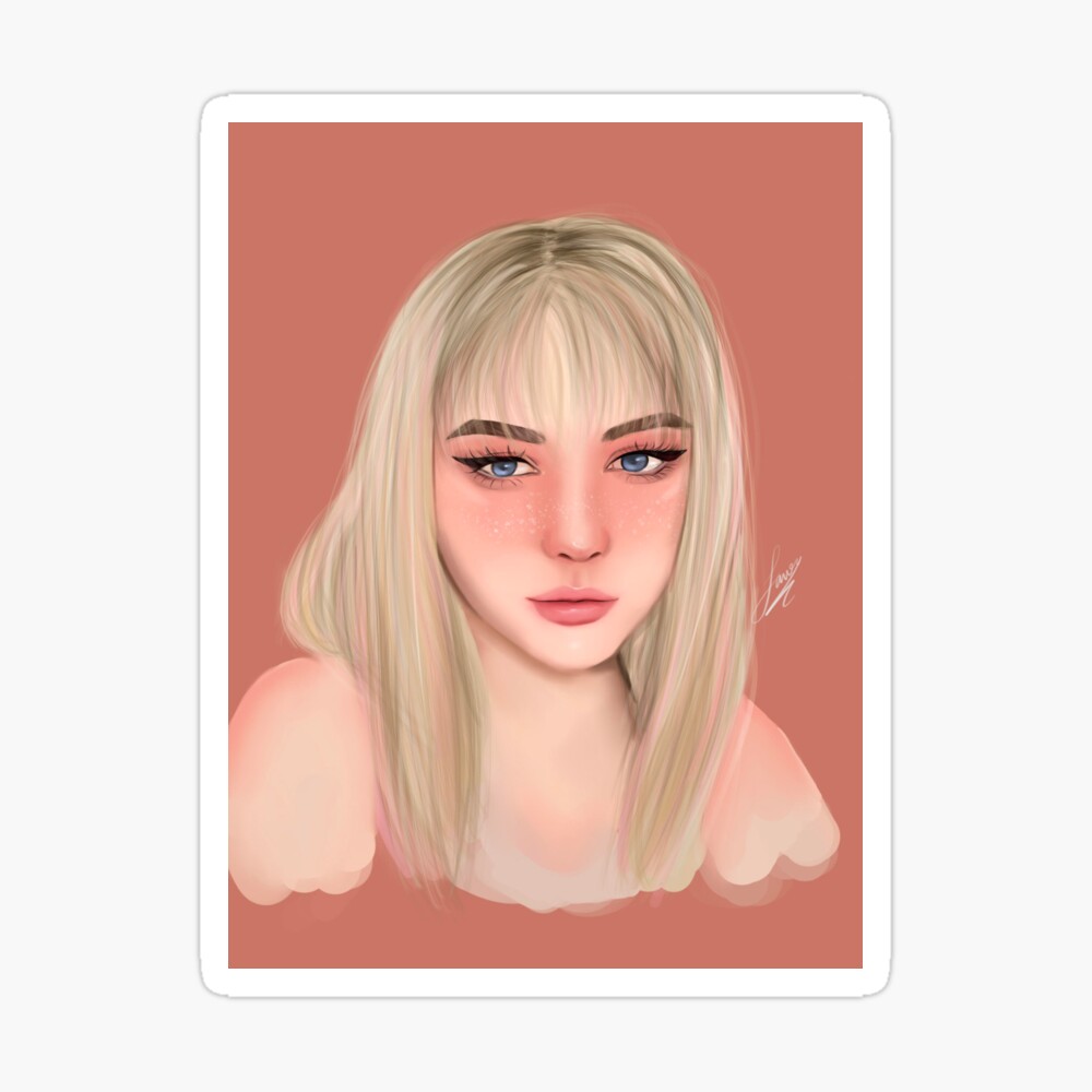 Blushing blonde girl drawing with coral background Blushing blonde girl drawing with coral background