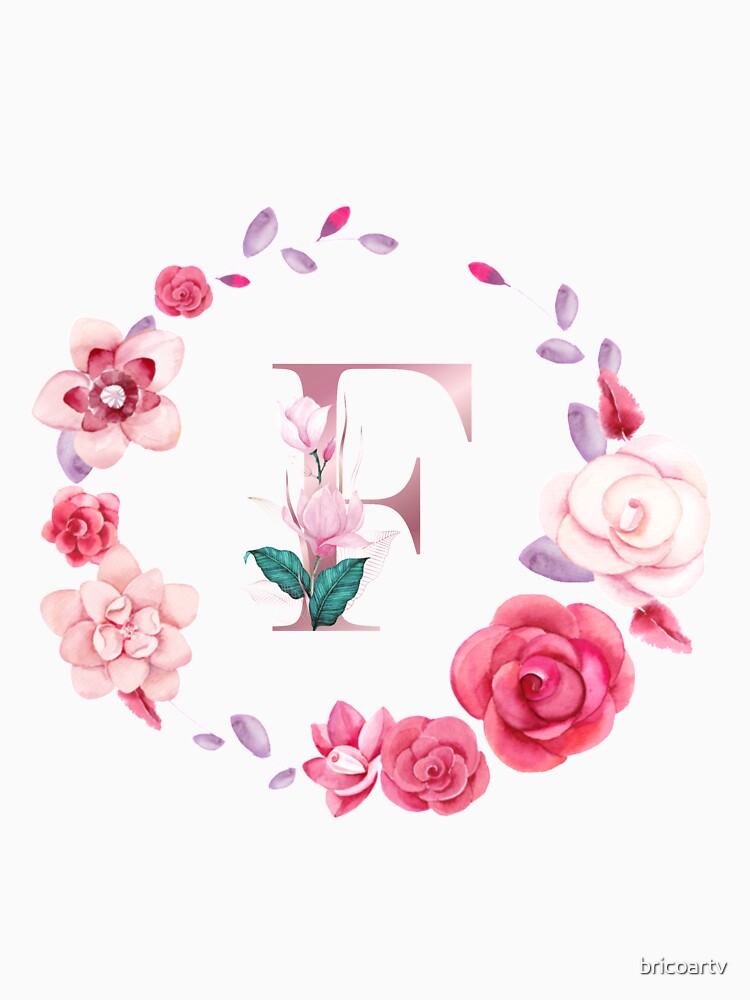 " Floral and pink Initial Monogram f,rose gold lettre f with pink rose flower watercoler