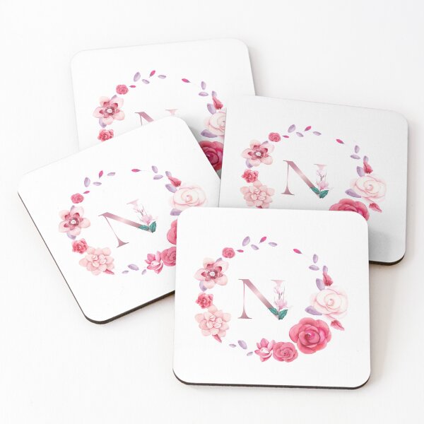 Item preview,  Floral and pink Initial Monogram n ,rose gold lettre n with pink rose flower watercoler decoration designed and sold by bricoartv.