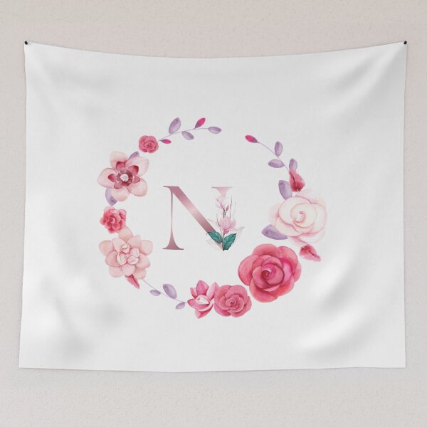 Item preview,  Floral and pink Initial Monogram n ,rose gold lettre n with pink rose flower watercoler decoration designed and sold by bricoartv.