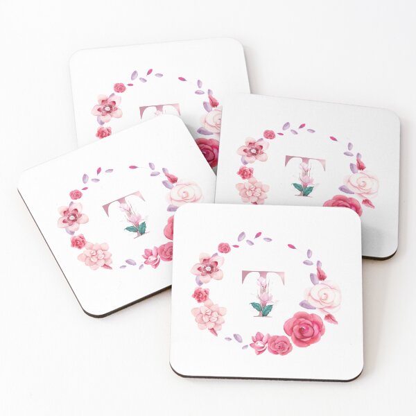 Item preview,  Floral and pink Initial Monogram t ,rose gold lettre t with pink rose flower watercoler decoration designed and sold by bricoartv.