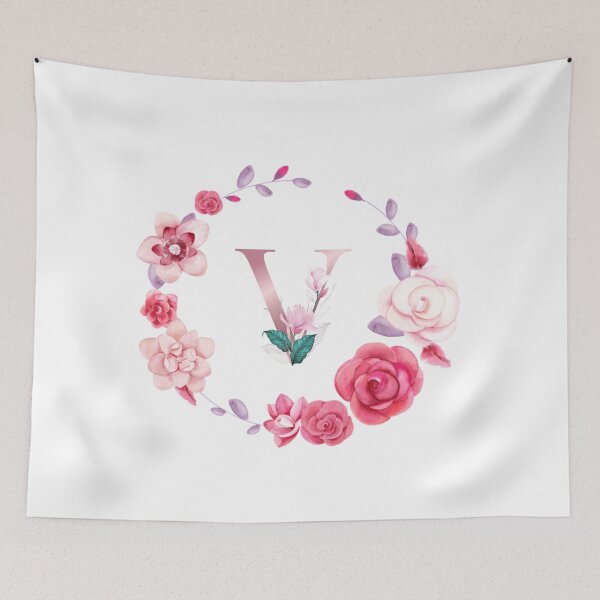 Item preview, Floral and pink Initial Monogram v ,rose gold lettre v with pink rose flower watercoler decoration designed and sold by bricoartv.