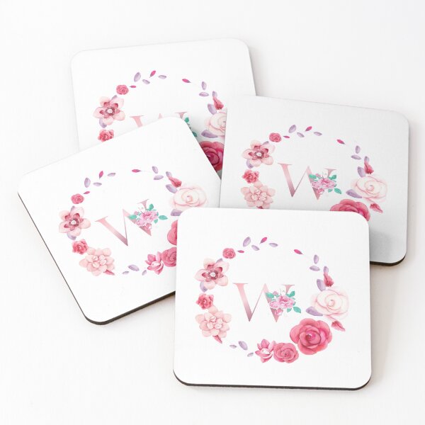 Item preview, Floral and pink Initial Monogram w ,rose gold lettre w with pink rose flower watercoler decoration designed and sold by bricoartv.
