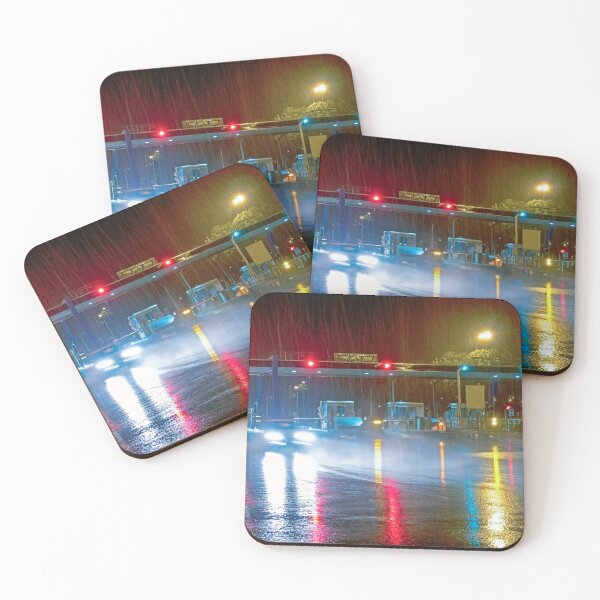 Item preview, highway tolls at night in the rain with colored reflections on asphalt designed and sold by Flavio Vieri.