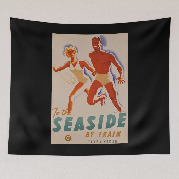 Item preview, To The Seaside by Train vintage travel poster designed and sold by stickart-marek.