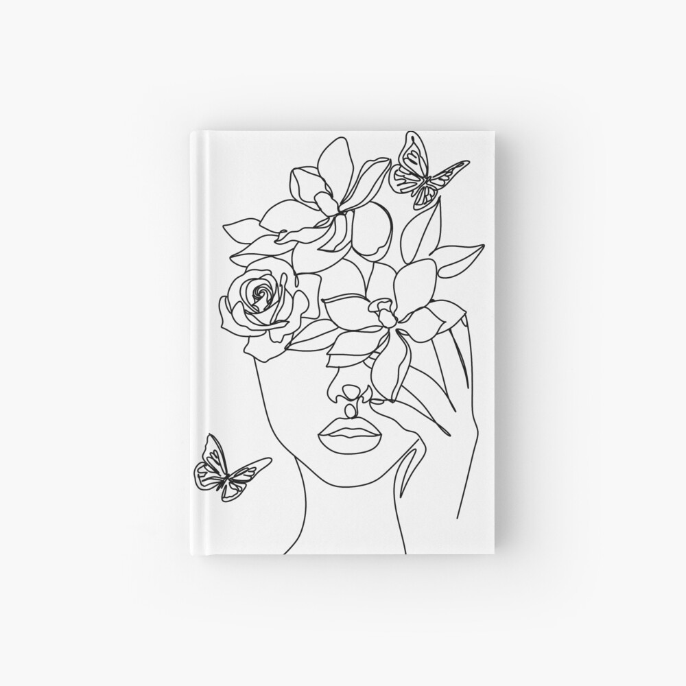 One line drawing. Set of abstract beautiful girl with flower and leaf in  long hair. Decorative female beauty icon with floral pattern. Natural  cosmetic concept. Vector illustration Stock Vector