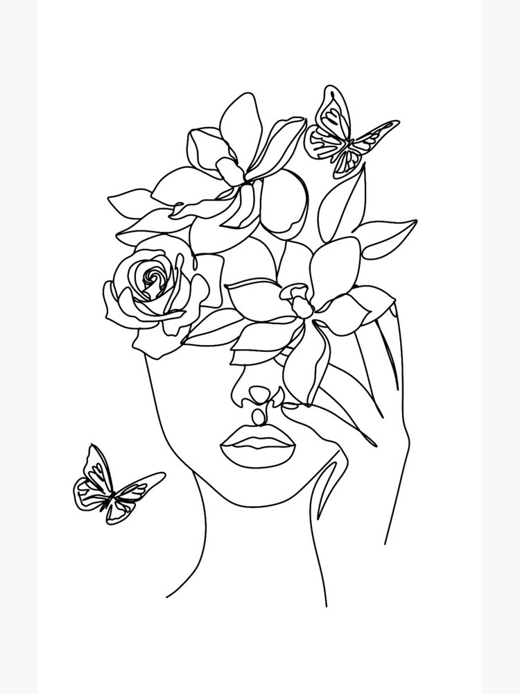 Abstract Face With Flowers By One Line Vector Drawing Portrait Minimalistic Style Botanical