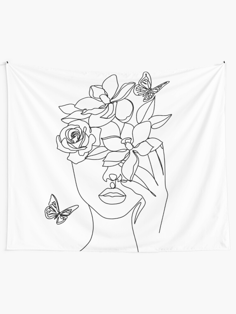 Abstract Face With Flowers By One Line Vector Drawing Portrait Minimalistic Style Botanical Print Nature Symbol Of Cosmetics Modern Continuous Line Art Fashion Print Beaty Salon Logo Tapestry By Onelineprint Redbubble