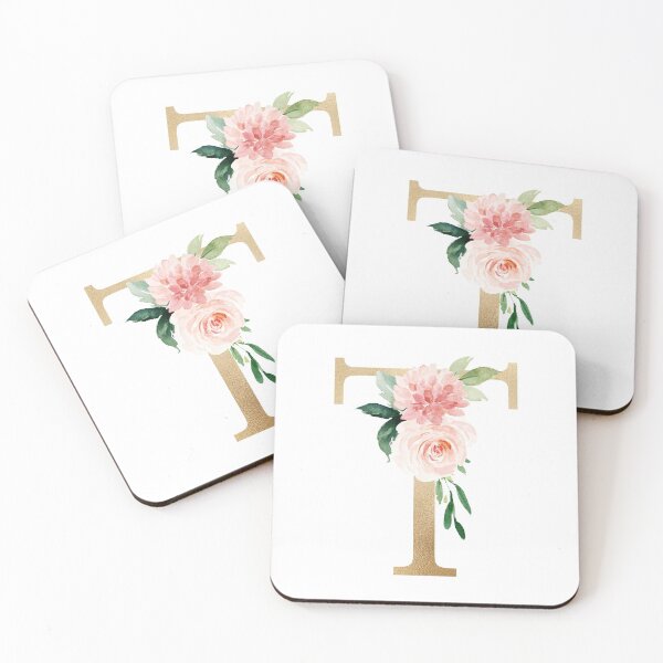 Item preview, Monogram letter T - Faux gold foil and pink and white flowers and green leaves designed and sold by Citronelladesig.