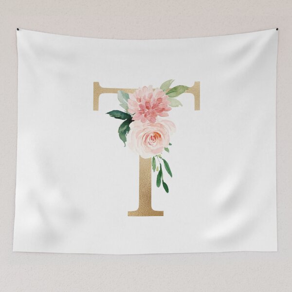 Item preview, Monogram letter T - Faux gold foil and pink and white flowers and green leaves designed and sold by Citronelladesig.